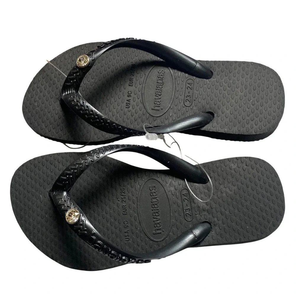 Havaianas Kids Black Rhinestone‎ Embellished Flip Flop Sandals USA 9C EUR 25/26